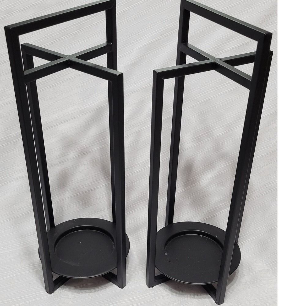 Candle Holders Geometric Set of 2 Minimalist 15" Modern Matte Black Metal Pillar